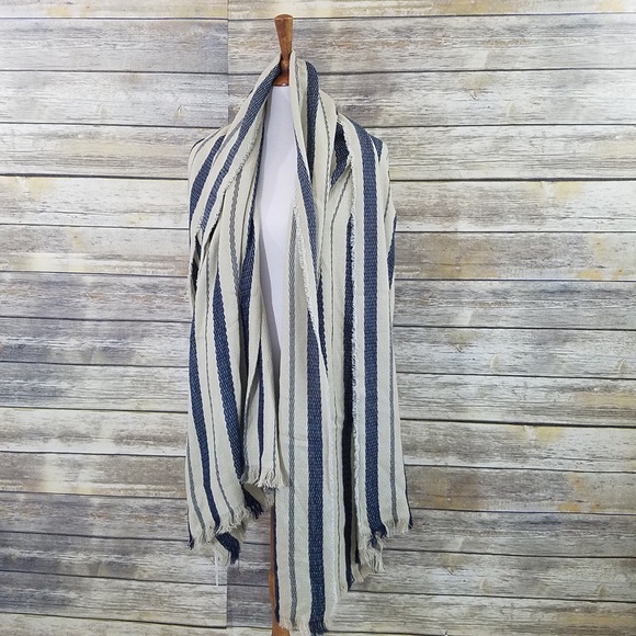 NWT Zara Cream Beige Blue Striped Blanket Scarf - Picture 3 of 4